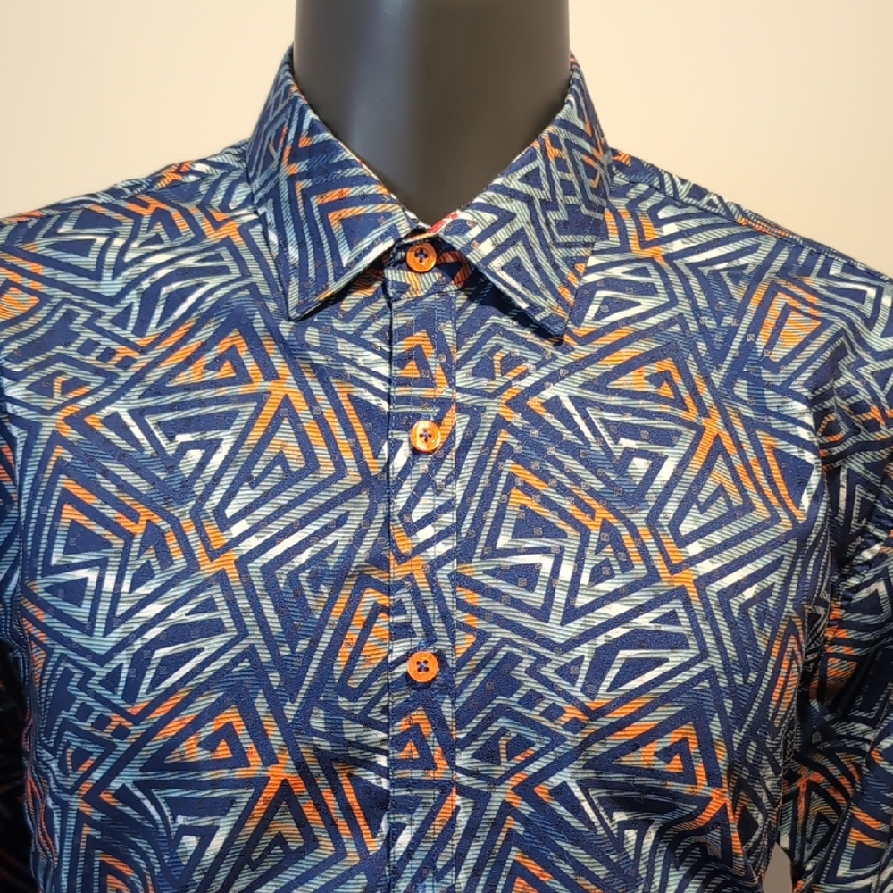 Sugar Geometric Blue and Orange Dress Shirt XL